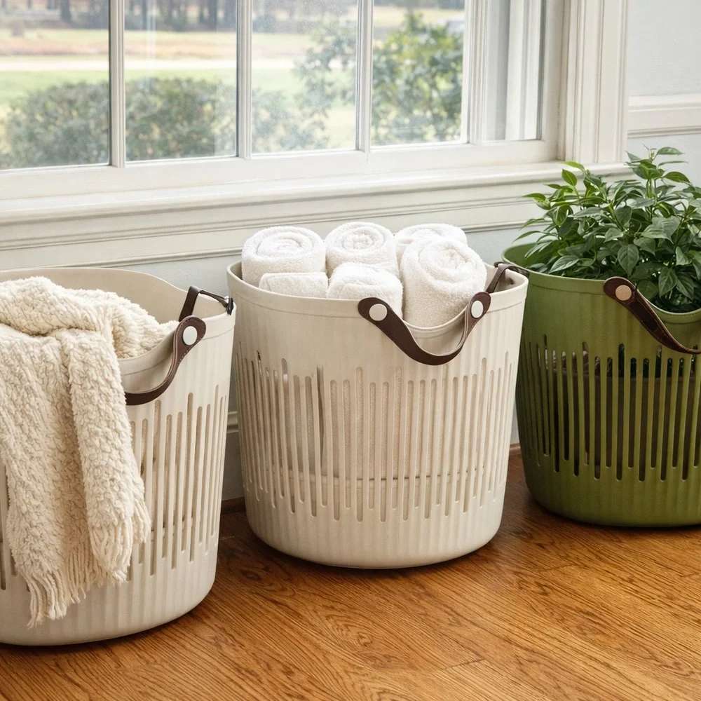 Scandinavian Japandi Storage Basket Set Leather Handles Nordic Laundry Bins 2